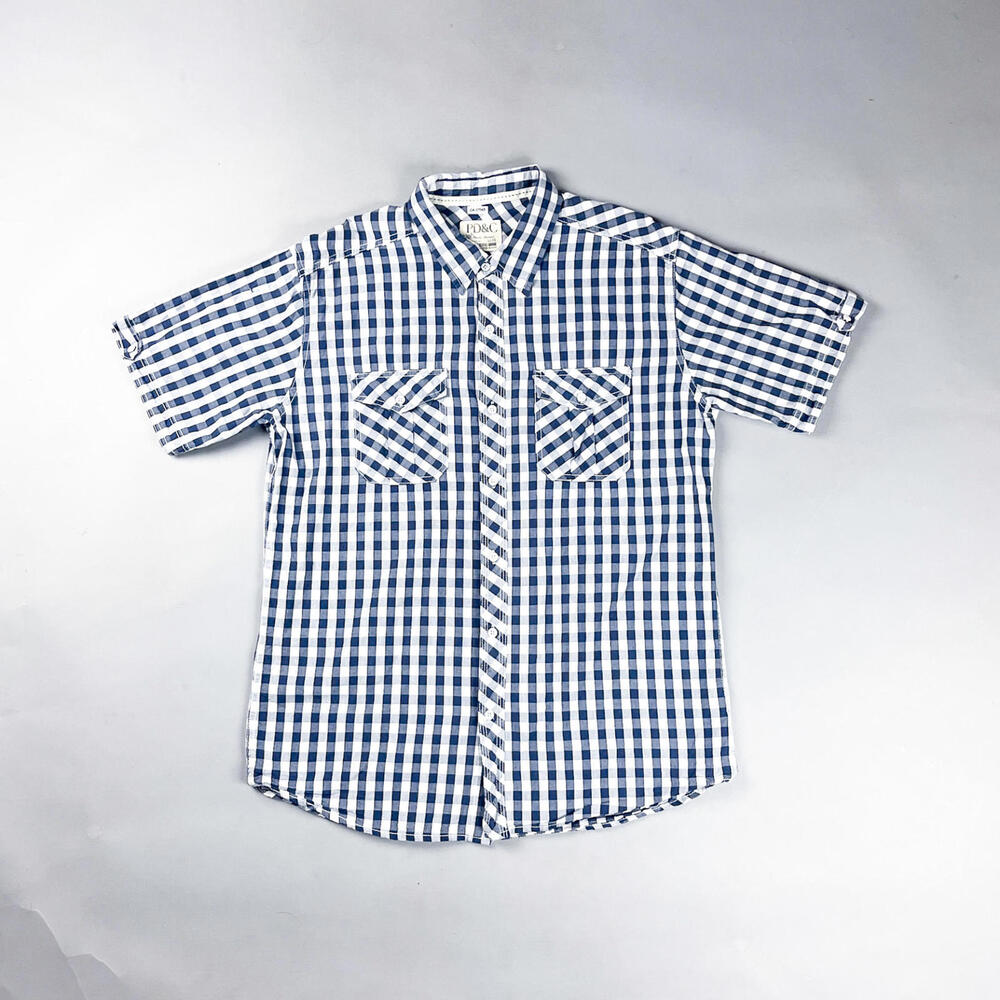 Vintage Button Up, Men's blue and White Checkered Short Sleeve Shirt